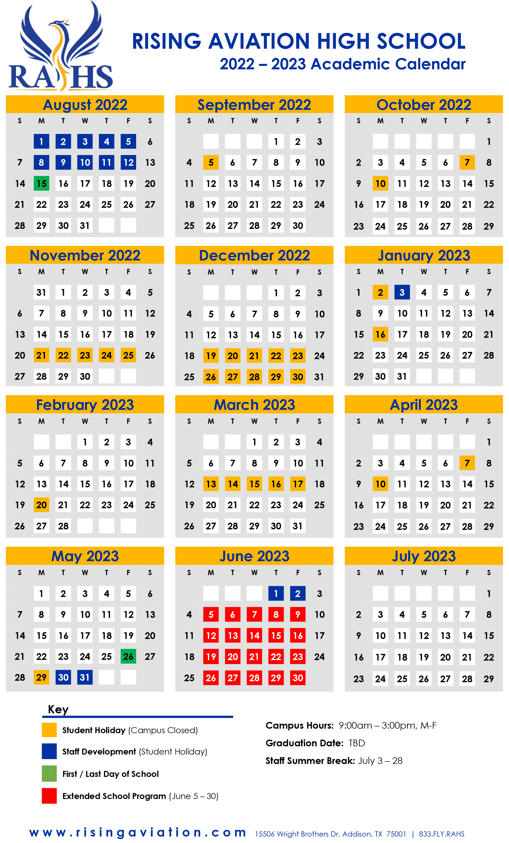Academic Calendar & Campus Calendar Rising Aviation High School