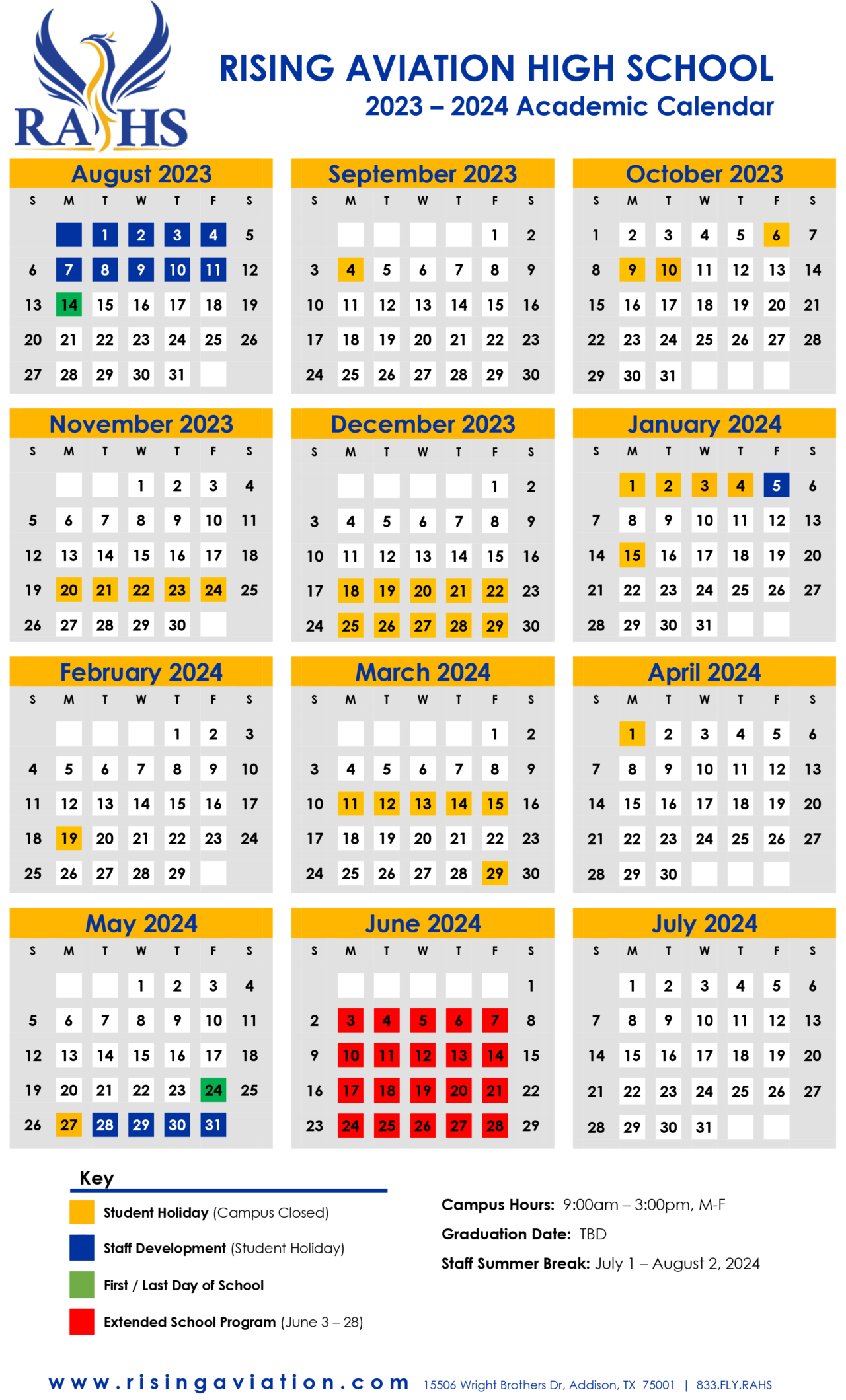 Academic Calendar & Campus Calendar Rising Aviation High School