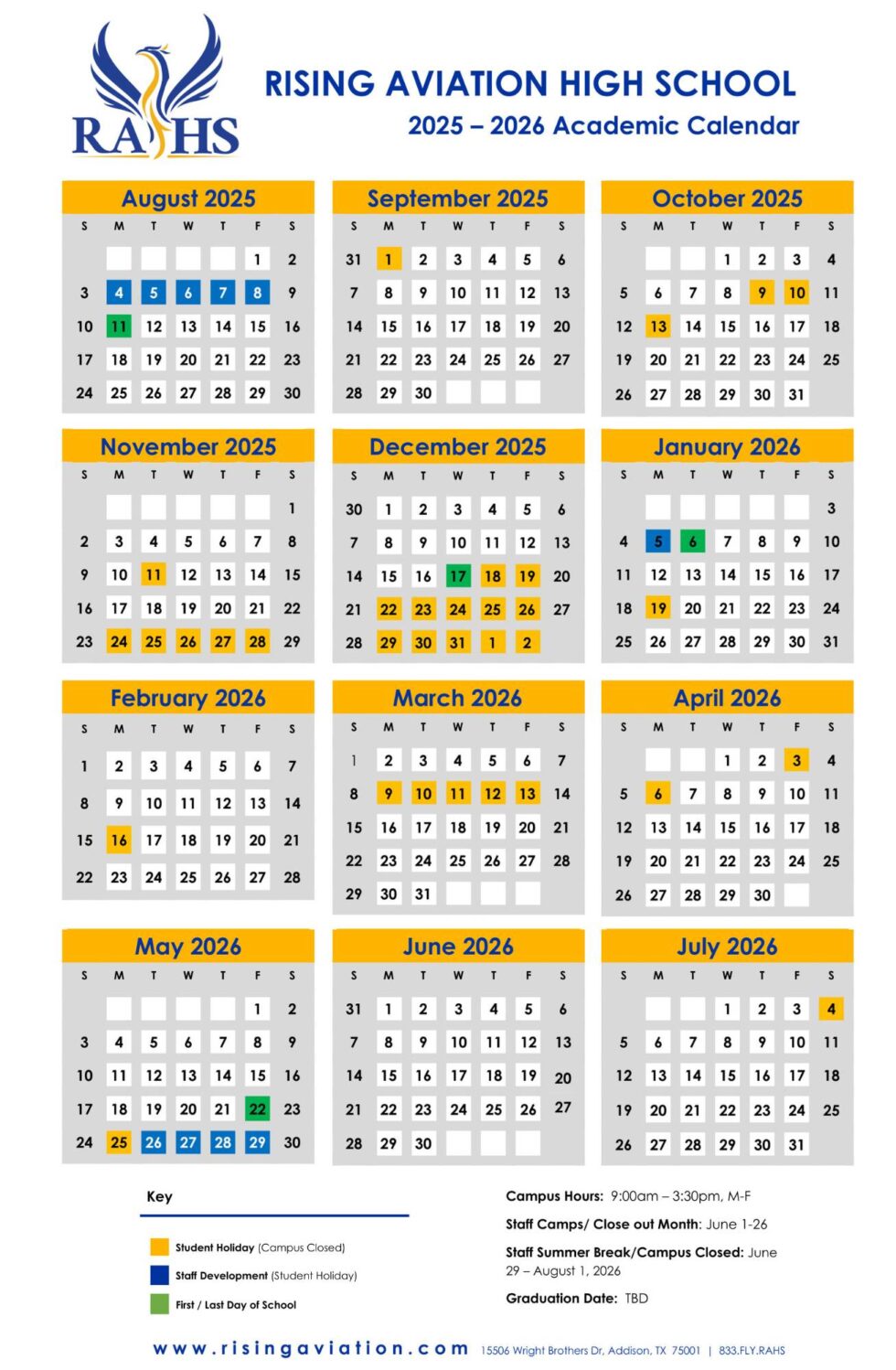 Academic Calendar & Campus Calendar Rising Aviation High School